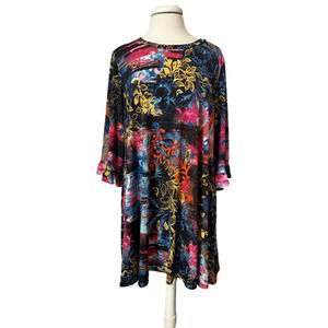 Women's 2X Whimsical Colorful Art Ruffled Half Sleeve Lightweight Dress Boho